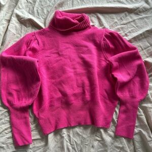 French Connection Hot Pink Puff Sleeve Soft Knit Turtleneck Sweater